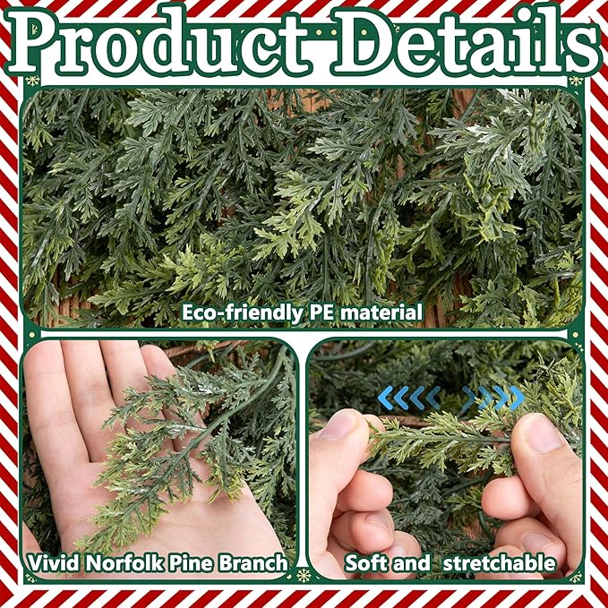 2 Pcs Christmas Norfolk Pine Garlands, 6 Ft Double Color Real Touch Artificial Cedar Garland, Faux Pine Cypress Greenery Garland Ornaments for Mantle Fireplace Table Indoor Outdoor Xmas Decoration-Ruum Studio Home