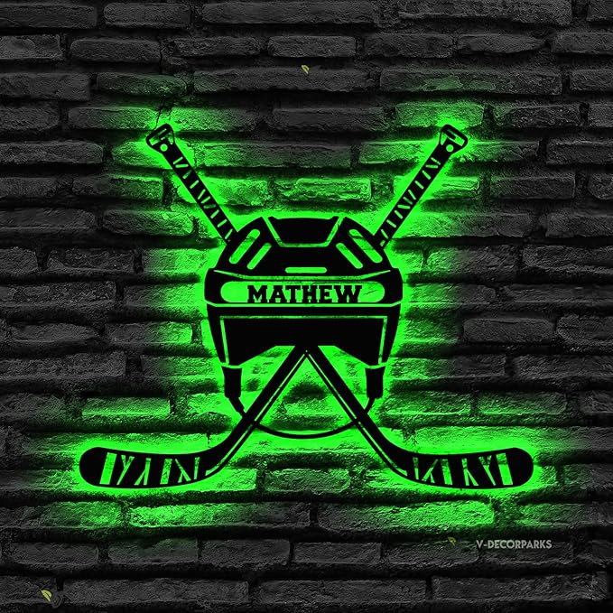 Custom Hockey LED Sign - Goalie Helmet Personalized Name Sign with Crossed Sticks, Light Up Goalie Mask Hockey Room Decor for Boys, Players, Fans-Ruum Studio Home