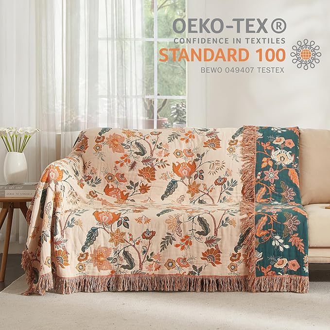 Boho Throw Blanket for Bed 80”x90”, 100% Cotton Woven Blanket for Couch Sofa, Ultra Soft 4-Layer Muslin Quilt with Floral Printed, Farmhouse Bed Blanket/Cover for Living Room Decor-Ruum Studio Home