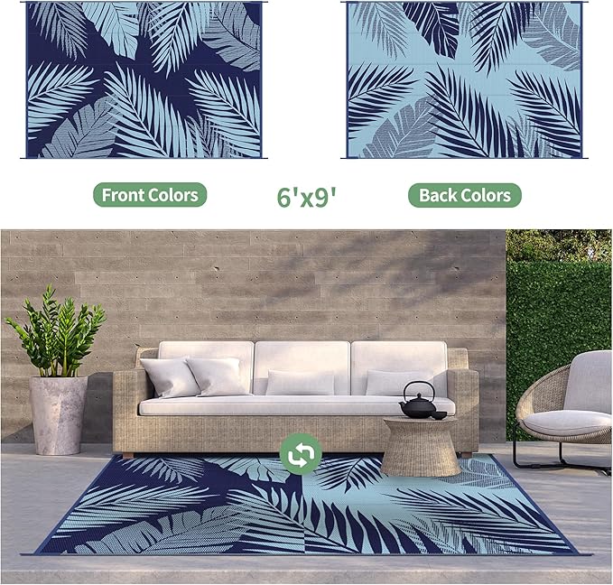 GENIMO Outdoor Rug 6' x 9' Waterproof for Patios Clearance, Reversible Outdoor Plastic Straw Camping Rug Carpet, Large Area Rugs Mats for RV, Camper, Deck, Balcony, Porch, Beach, Navy Blue&Baby Blue-Ruum Studio Home