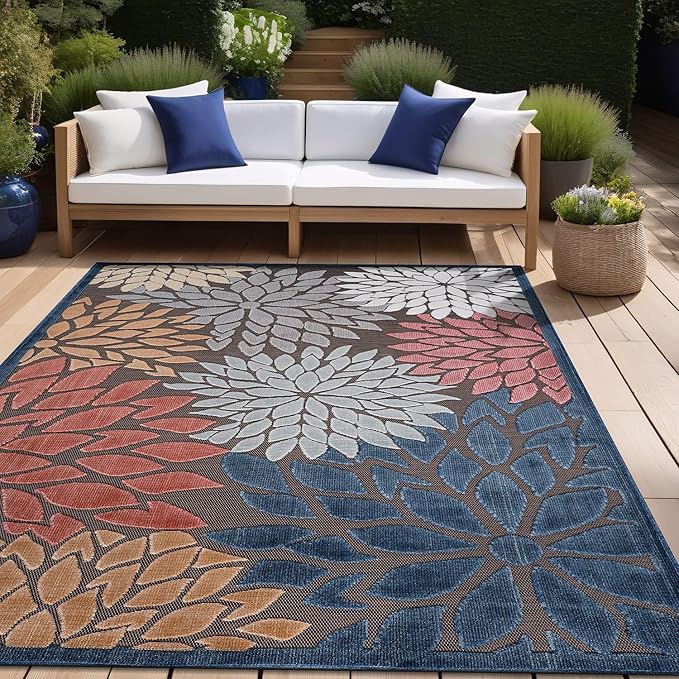 Beverly Rug Outdoor Rug 9x12 Large Modern Floral Tropical Area Rugs for Indoor and Outdoor Patio Easy to Clean Non Shedding Living Room Porch Garden Washable Outside Carpet (9 x 12 Brown)-Ruum Studio Home