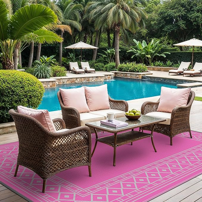 GENIMO Outdoor Rug Waterproof 6'x9' for Patio, Foldable Reversible Plastic Straw Carpet for Travel Trailers, Outside Area Mat for Rv, Deck, Picnic, Porch, Camper, Balcony, Beach, Pink & Grey-Ruum Studio Home