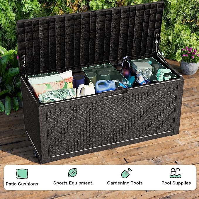 100 Gallon Resin Deck Box, Lockable Outdoor Storage Box for Patio Cushions Storage Furniture,Garden Tools, Pool Supplies, Weatherproof and UV Resistant（Black L）-Ruum Studio Home