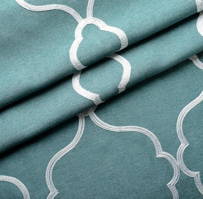 MIUCO Moroccan Embroidered Semi Sheer Curtains Faux Linen Grommet Window Panel Pair for Bedroom 52 x 63 Inch, Teal-Ruum Studio Home
