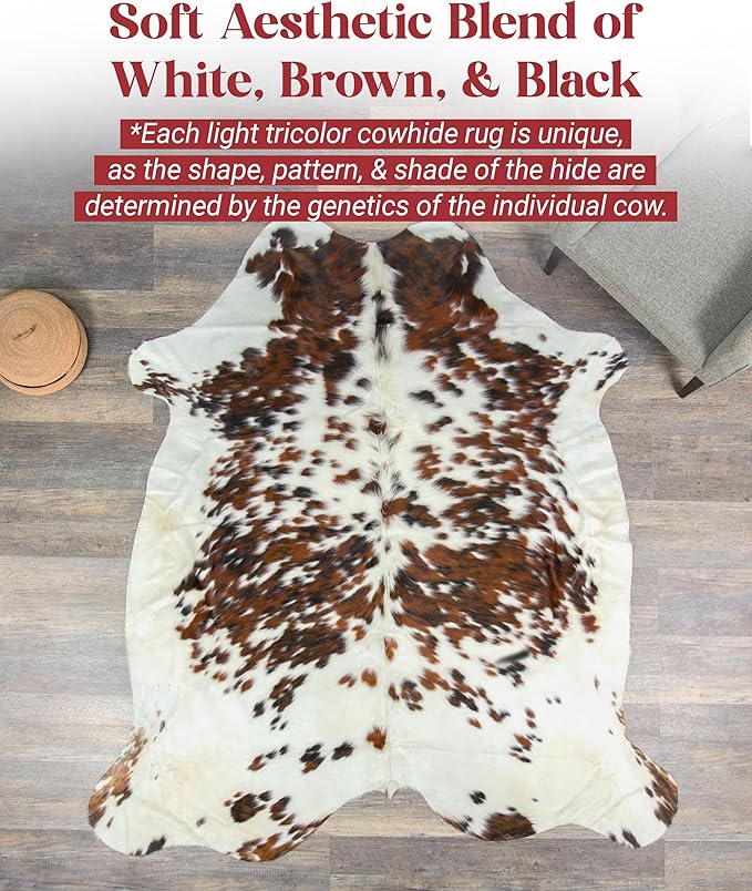 Light Tricolor Cowhide Rug Premium Cowhides Leather with Mixed White, Brown & Black Color Pattern - Natural Cowhide Rug for Office & Home Decor - Cow Hide Rugs 6x7-8 ft-Ruum Studio Home