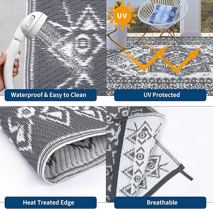 GAOMON Outdoor Patio Rug 9x12 Waterproof Reversible Plastic Straw Rug, Large UV-Resistant Portable RV Camping Mats, Indoor Outdoor Rugs for Outside Deck Porch Garden RV, Gray & White-Ruum Studio Home