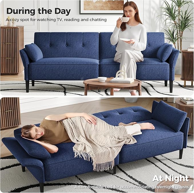 89” Futon Sofa Bed, Linen Comfy Futon Couch Bed with 2 Square Pillows, Convertible Sleeper Sofa with Adjustable Backrest& Armrests, Modern Loveseat Sleeper for Living Room, Bedroom, Blue-Ruum Studio Home