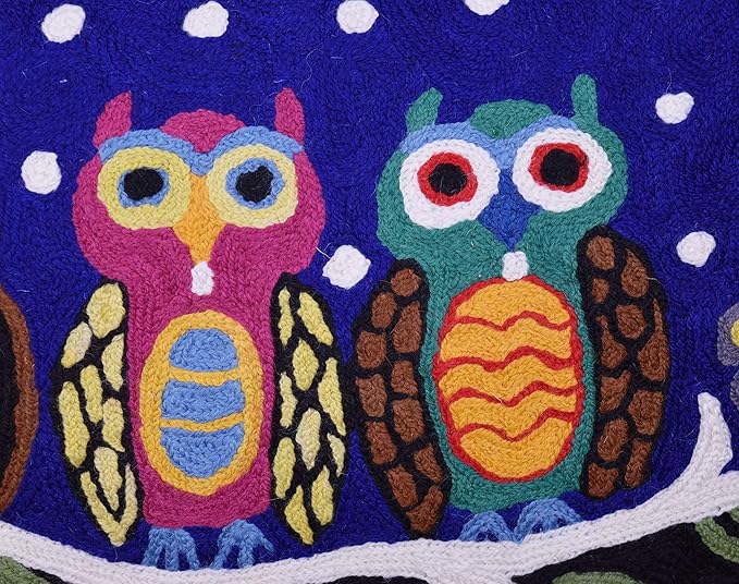 Lumbar Four Owls Decorative Pillow Cover Blue Whimsical Hand Embroidered Wool 14x20-Ruum Studio Home