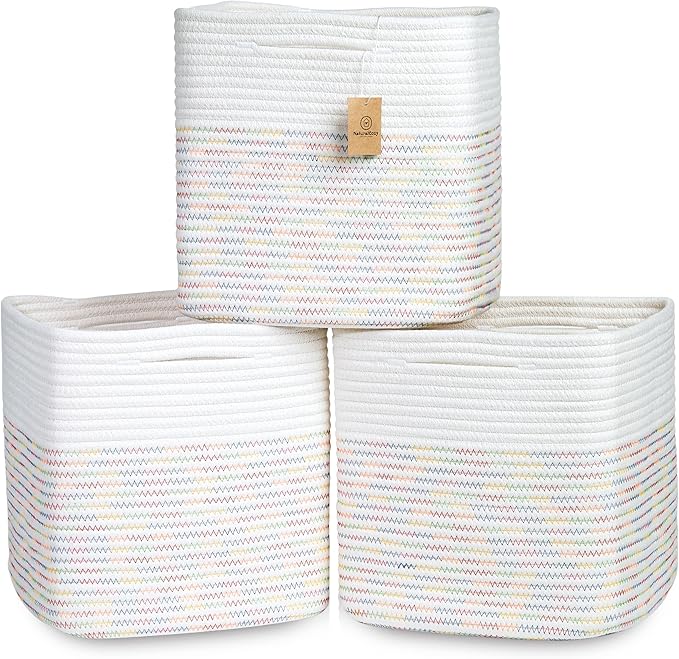 NaturalCozy 13 Inch Cube Storage Bins Cotton Rope Woven Baskets for Organizing 3-Pack | 13 x 13 Storage Cubes | Fabric Square Storage Baskets for Shelves Organizer, Kids Toy Bins, Closet Baby Nursery-Ruum Studio Home
