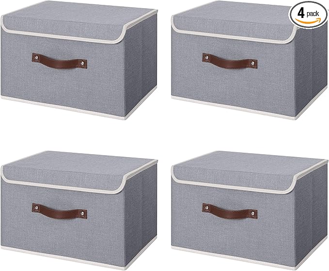 ANMINY 4PCS Storage Bins with Lid PU Leather Handles Storage Boxes PP Plastic Board Decorative Foldable Lidded Cotton Linen Fabric Home Cubes Baskets Closet Organizer Containers - Gray, Large Size-Ruum Studio Home