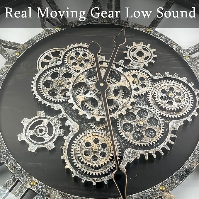 27 Inch Moving Gear Wall Clock, Oversized Wall Clocks, Clock Living Room Decor, Solid Wood Frame, Battery Operated, Large Wall Clock with Steampunk Industrial for Fireplace(Black)-Ruum Studio Home