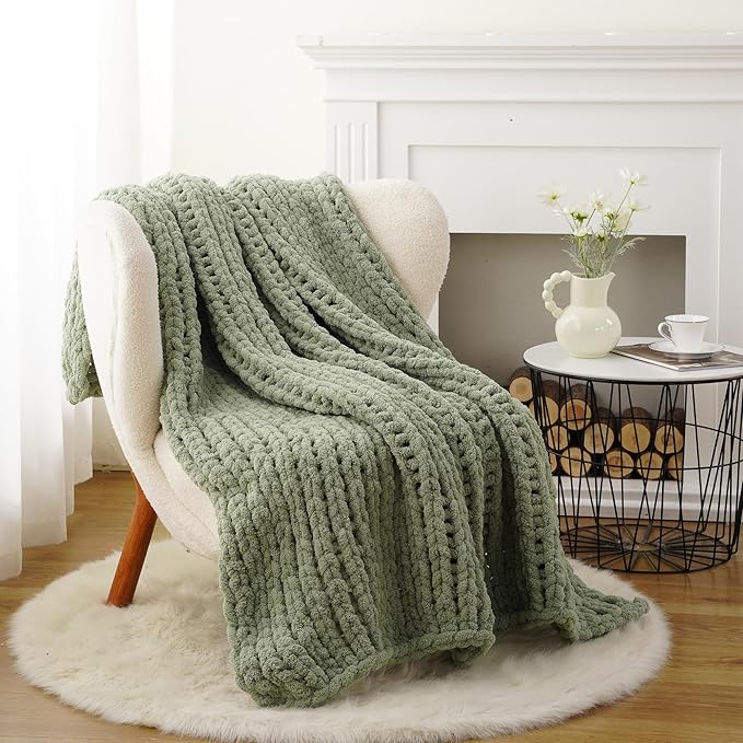 Battilo Chunky Knit Throw Blanket, Soft and Thick Chenille Throw Blanket, 50"x60" Handmade Cable Knit Crochet Blanket, Large Rope Knot Throw Blankets for Couch Sofa Bed Home Decor, Light Green-Ruum Studio Home