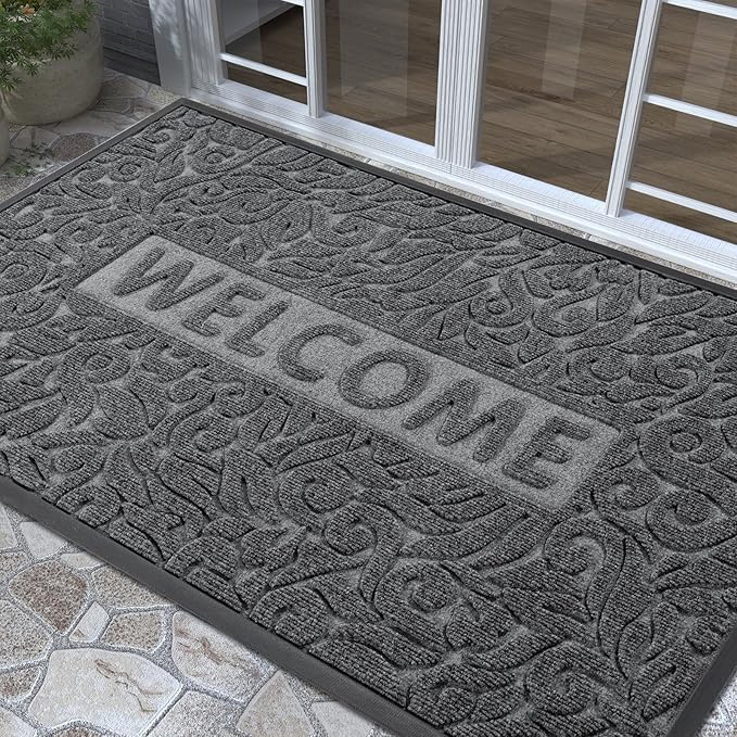 Yimobra Welcome Matt Outdoor 60x36, Waterproof All-Season Front Door Mat, All-Weather Doormat, Sturdy Natural Rubber, Fade Resistant, Low Profile, Easy Clean Patio Porch Entryway Mat, Grey-Ruum Studio Home