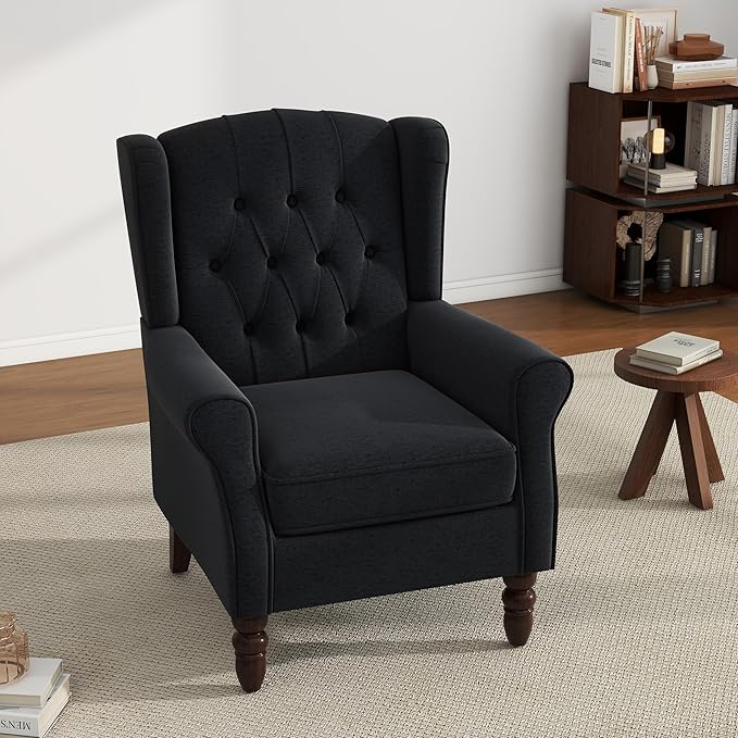UIXE High Back Accent Chair, Upholstered Armchair in Fabric, Retro Wingback Arm Chair for Living Room, Comfy Single Sofa Bedroom Reading Seat with Solid Wood Legs - Black Blue-Ruum Studio Home