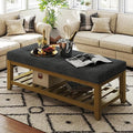 Large Rectangular Upholstered Ottoman Bench, Linen Tufted Footrest Ottoman with Solid Wood Shelf Storage Coffee Table for Bedroom Living Room, Dark Gary-Ruum Studio Home