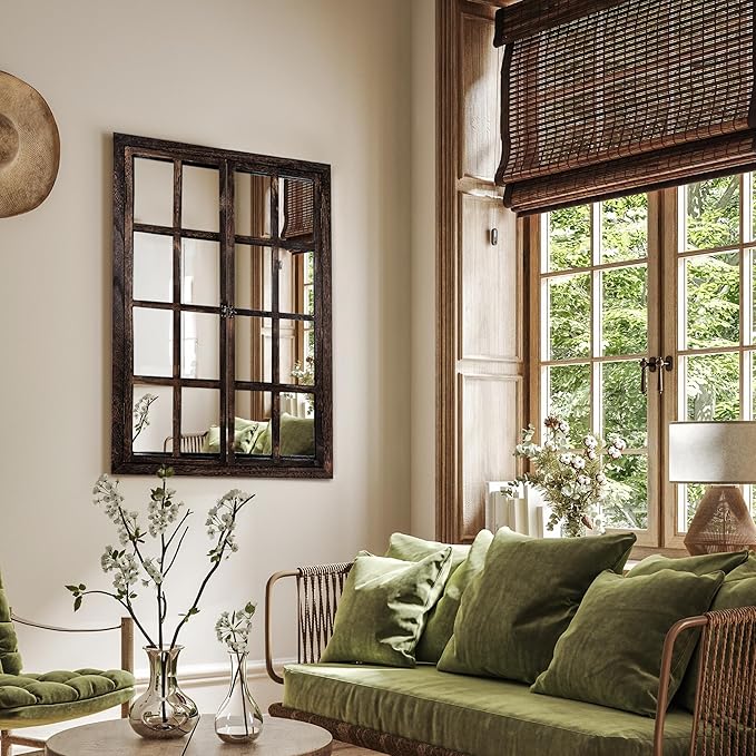 Wall Mirror with Window Design, 36"x24" Rustic Farmhouse Wood Mirror for Wall Decor, Decorative Vintage Mirror for Living Room, Bedroom, Entryway-Ruum Studio Home