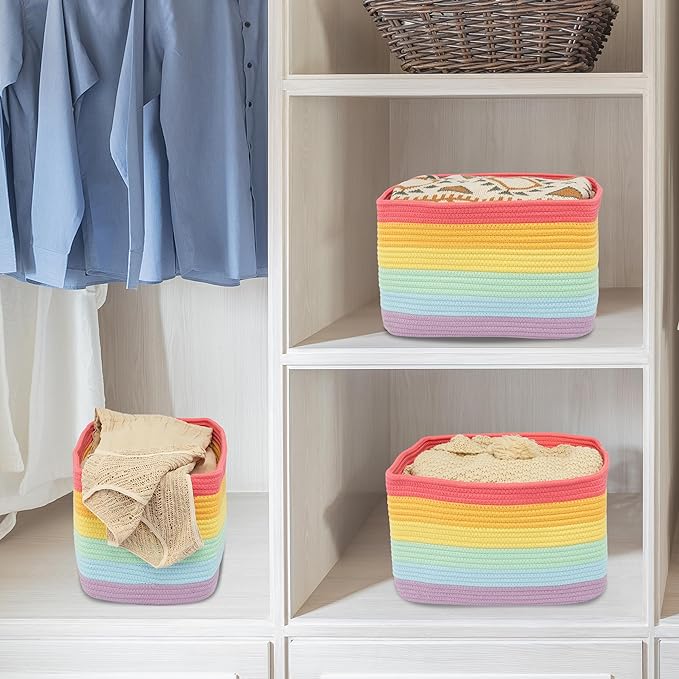 3-Pack Rainbow Storage Baskets 14.5X9.5X9.3“ – Woven Toy Organizer Bins for Kids, Baby Room, Nursery, and Classroom – Cute Square Rope Baskets for Shelves and Organization Rainbow-Ruum Studio Home