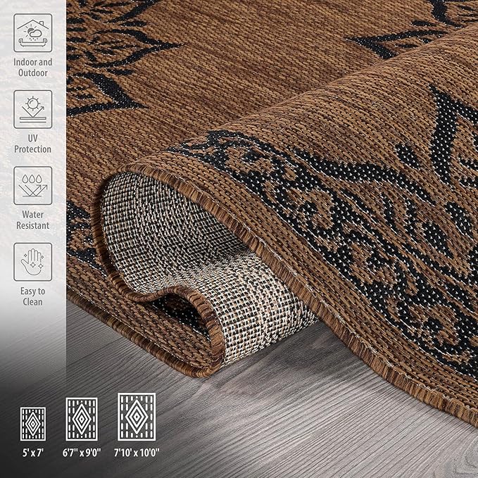 CAMILSON Outdoor Rug, Modern Area Rugs for Indoor and Outdoor Patios, Kitchen and Hallway mats, Washable Porch Deck Outside Carpet (6 x 9, Medallion Nut Brown)-Ruum Studio Home