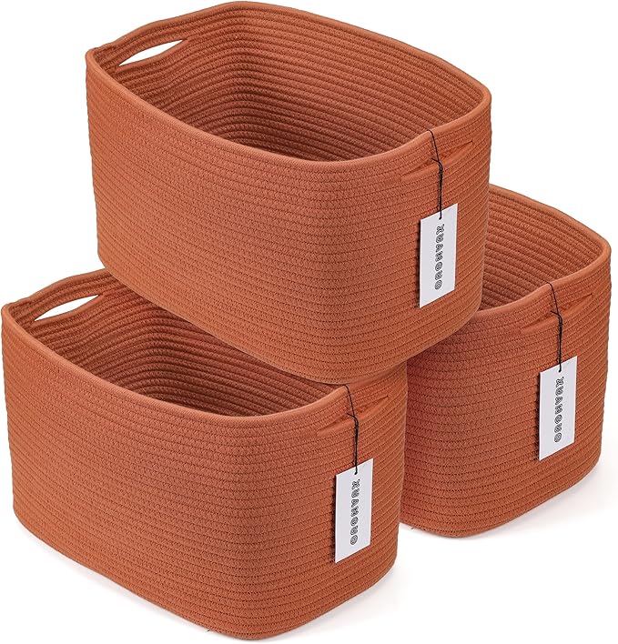 Cotton Rope storage Basket Bins Woven Basket for Organizing Shelves Rectangle Decorative Baskets For storage Clothes Toys Books Towels Square Wicker Nursery basket organizer 3 pack Rust-Ruum Studio Home
