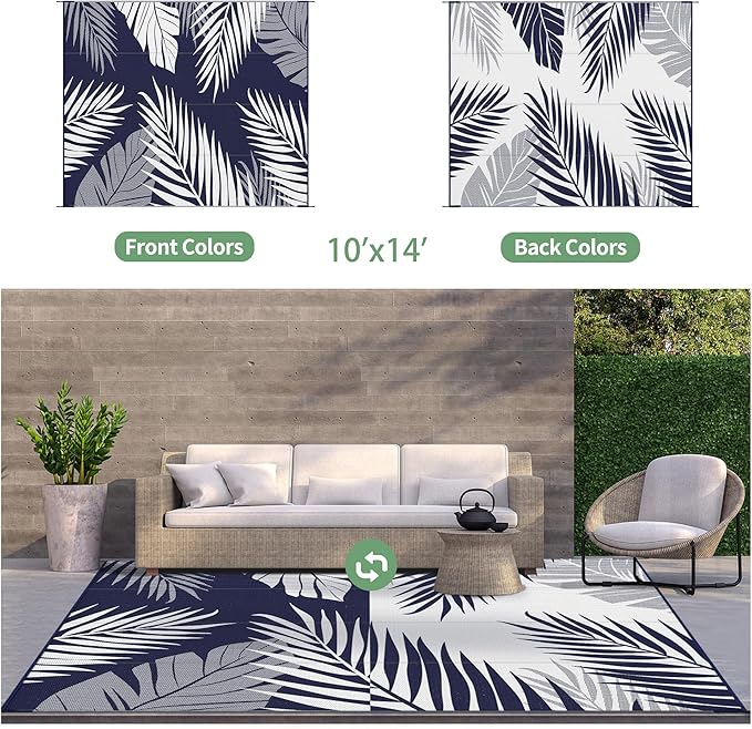 GENIMO Outdoor Rug 10' x 14' Waterproof for Patios Clearance, Reversible Outdoor Plastic Straw Camping Rug Carpet, Large Area Rugs Mats for RV, Camper, Deck, Balcony, Porch, Beach, Navy Blue&White-Ruum Studio Home