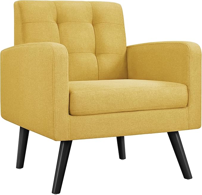 Yaheetech Mid-Century Accent Chairs, Modern Upholstered Living Room Chair, Cozy Armchair Button Tufted Back and Wood Legs for Bedroom/Office/Cafe, Yellow-Ruum Studio Home