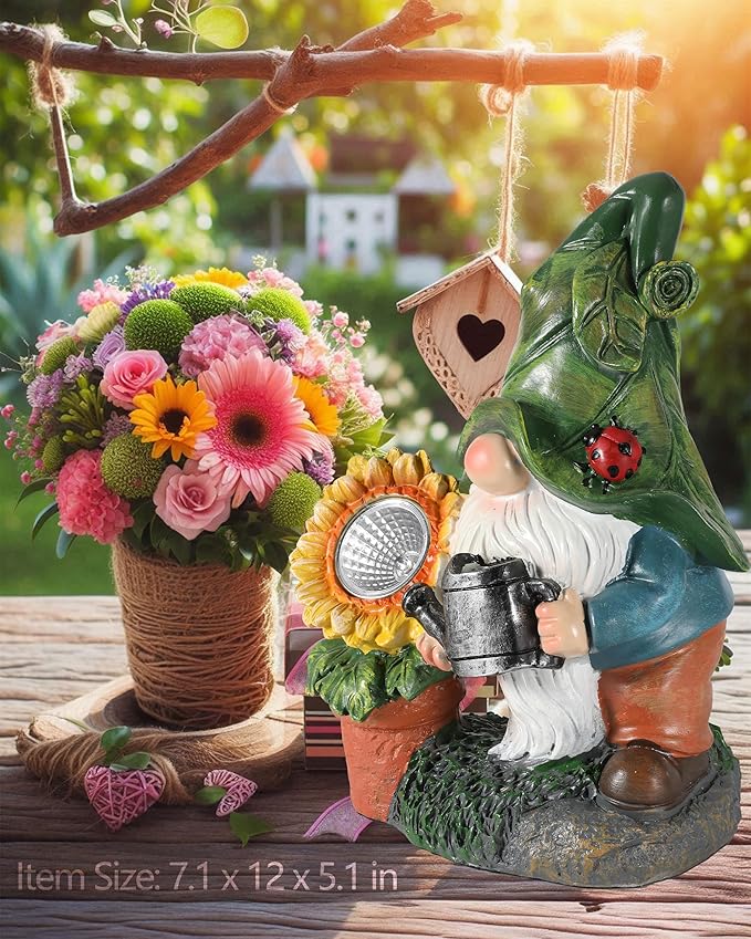 Solar-Powered Large Garden Gnome Watering Can Sunflower - 12 in Garden Decor Gnomes Decorations for Yard Lawn Ornaments Outside Statue Figurine LED Lights (Gnome)-Ruum Studio Home