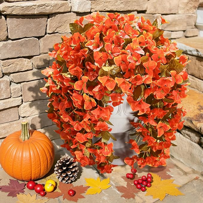 Bougainvillea Artificial Flowers Plants for Outdoors Outside Fall Autumn Decor, 2 pcs Faux Silk Long Trailing Vines UV Resistant Look Real Orange Fake Flowers for Front Door Porch Planter Urn Patio-Ruum Studio Home