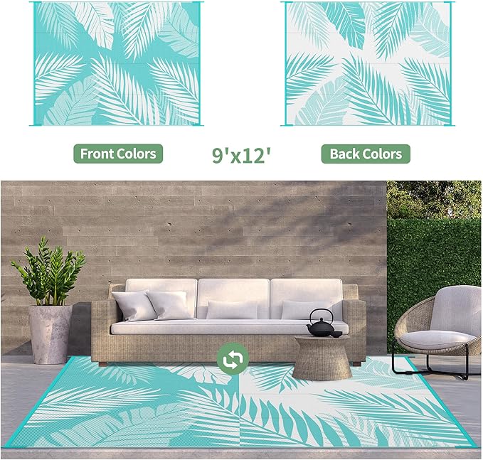 GENIMO Outdoor Rug 9' x 12' Waterproof for Patios Clearance, Reversible Outdoor Plastic Straw Camping Rug Carpet, Large Area Rugs Mats for RV, Camper, Deck, Balcony, Porch, Beach, Aqua Blue&White-Ruum Studio Home
