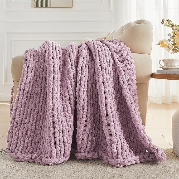 Carriediosa Chunky Knit Throw Blanket 60" X 80" Twin, 100% Hand Made Large Chenille Loop Yarn Soft Fluffy Throws for Couch Sofa Bed, Big Crochet Cozy Heavy Thick Cable Woven Blankets, Purple-Ruum Studio Home