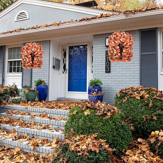 Artificial Fake Fall Hanging Flowers Plants Basket for Outdoor Autumn Decoration, Faux Silk Morning Glory Long Vines Realistic UV Resistant for Outside Home Porch Garden (Fall Orange+Light Orange)-Ruum Studio Home