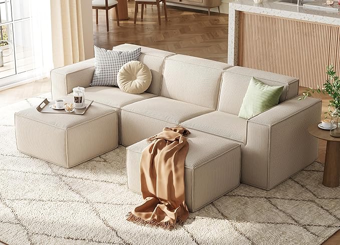 LINSY HOME Oversized Modular Sectional Sofa, 105" Cloud Couch L Shaped 3-Seat Sofa with 2 Movable Ottomans, Corduroy Sectional Couches for Living Room, No Assembly Required, Beige-Ruum Studio Home