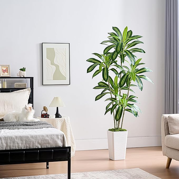 Artificial Dracaena Tree Artificial Silk Tree Faux Tree Fake Tropical Yucca Floor Plant with White Tall Planter (1, White Tall Planter, 6FT)-Ruum Studio Home