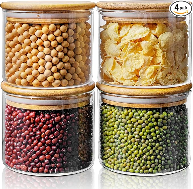 17oz - 4 Pack Glass Jars with Bamboo Lids, Glass Food Storage Containers with Airtight Lids, Air Tight Pantry Storage Containers for Coffee, Sugar, Spice, Meal Prep Jars for Salad & Fruit-Ruum Studio Home