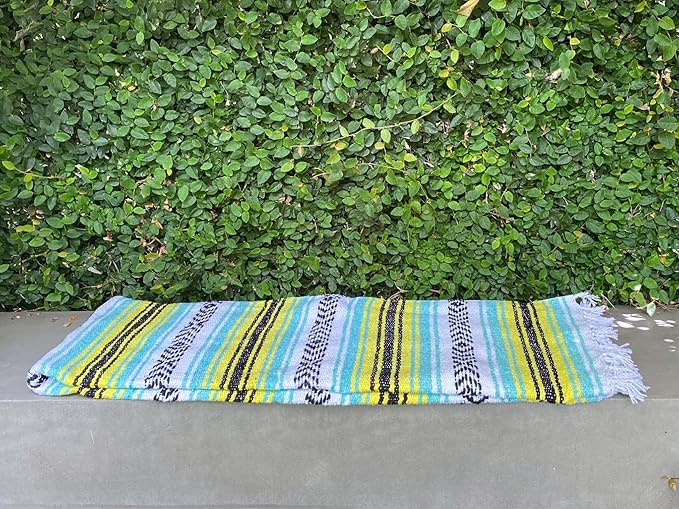 Del Mex Classic Mexican Blanket, Large Authentic Woven Falsa Throw (70"x50"), Artisan Southwest Décor for Beach, Yoga, Outdoors (Mint/Yellow)-Ruum Studio Home