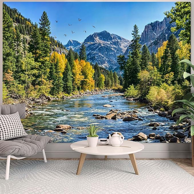AMM Nature Forest Mountain Tapestry Green Pine Tree Tapestry for Bedroom Aesthetic Flowing River Landscape Tapestries Wall Hanging Bird Decor for Living Room Classroom Dorm Office-Ruum Studio Home