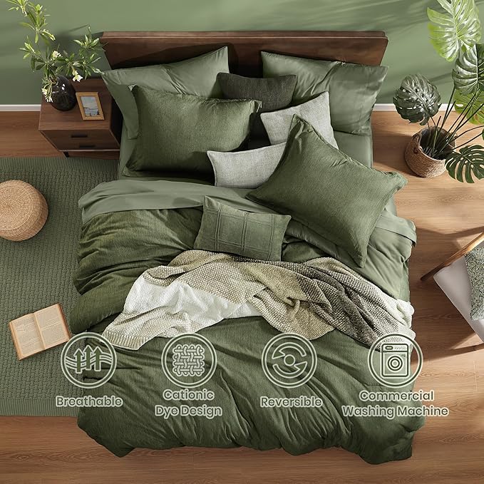 Monbix Queen Comforter Set - 7 Pieces Cationic Dyeing Olive Green Bed in a Bag Queen Bedding Sets with Comforter, Sheets, Pillowcases & Shams, Reversible Bedding Comforters Sets-Ruum Studio Home