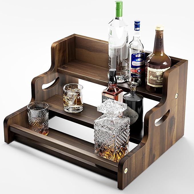Tinamo Acacia Wood Liquor Bottle Display Shelf – 3-Tier Countertop Wine Rack, Bar Shelf – Whiskey Bar Stand for Home, Bottle Organizer for Countertop – Wine Holder with Handles (Walnut Color)-Ruum Studio Home