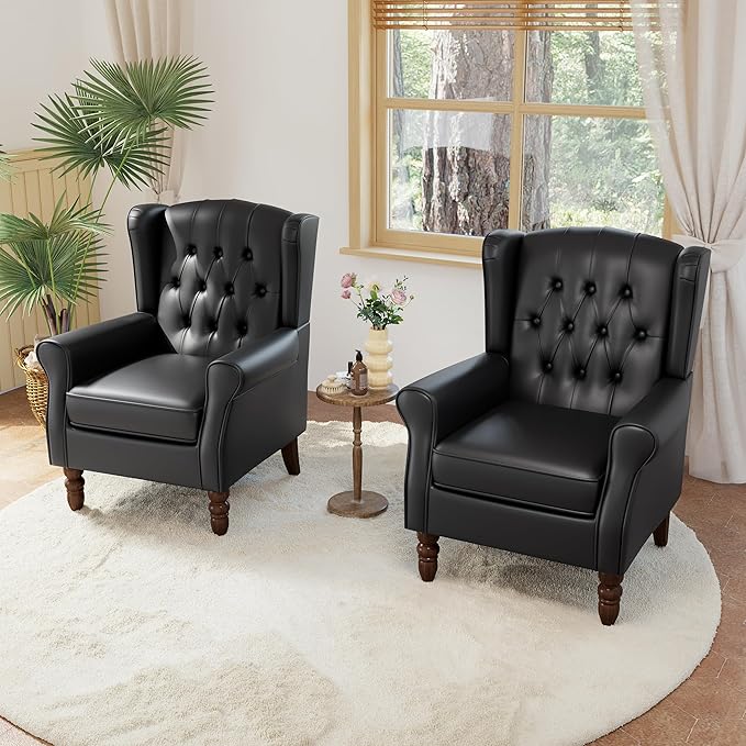 High Back Accent Chairs Set of 2,Upholstered Faux Leather Wingback Armchairs with Solid Wood Legs for Small Spaces,Comfy Single Sofa Chairs for Living Room,Bedroom-Carbon Black-Ruum Studio Home