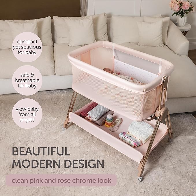 Baby Bedside Sleeper - Bassinet & Bedside Crib with Height Adjustment & Wheels - Can Be Placed Next to Bed - Attaches to Parents Bed - Easy to Fold & Carry Bassinet for Girls (Pink)-Ruum Studio Home