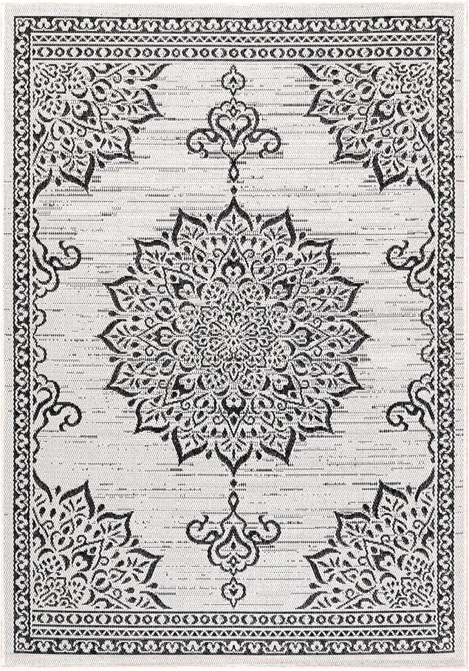 CAMILSON Outdoor Rug, 8x10 Medallion White Black Modern Area Rugs for Indoor and Outdoor Patios, Kitchen and Hallway Mats, Washable Porch Deck Outside Carpet (Medallion White, 8 x 10)-Ruum Studio Home
