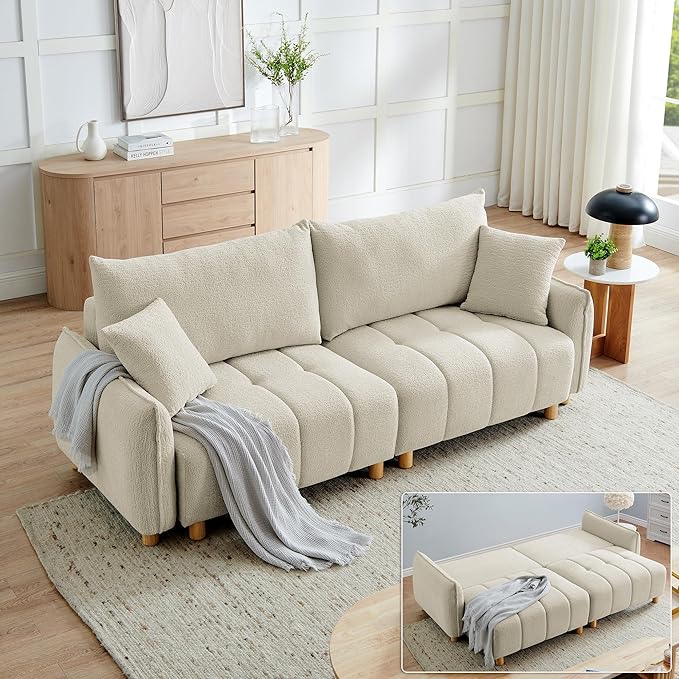 Convertible Sofa Bed, 90" Full Size Sleeper Sofa with Storage, Tufted Chenille 3 Seat Sofa Couches for Living Room, Small Spaces, Guest Room, Apartment, Beige-Ruum Studio Home