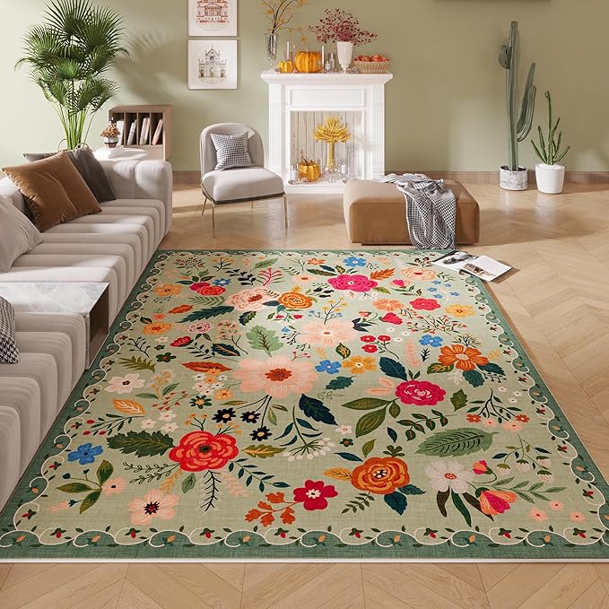 Living Room Rug 5x7 Rug Machine Washable Boho Area Rug Non Slip Floral Vintage Low Pile Large Rugs for Living Room, Bedroom, Farmhouse, Dining Room, Kids Playroom(Green)-Ruum Studio Home