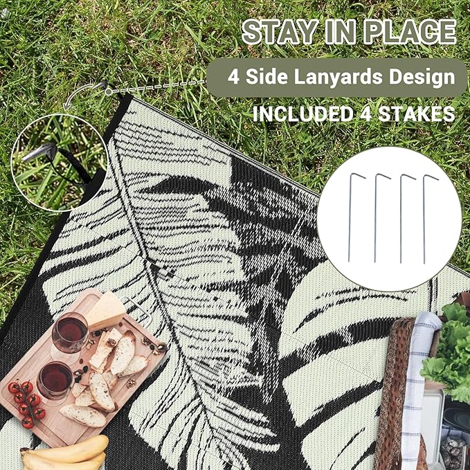 GAOMON Waterproof Plastic Straw Rug 9x12 Outdoor Rug for Patio, Reversible Modern Camping Mat with Bag & Stakes, UV Resistant & Easy to Clean Outdoor Carpet for RV, Deck, Balcony, Beige-Ruum Studio Home