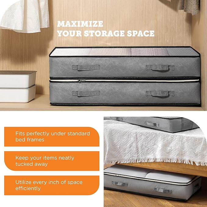 storageLAB Under Bed Storage Containers - Foldable Closet Organizer with Clear Top, Sturdy Handles - 7L Capacity Storage Box for Clothing, Comforter, Blanket, and Shoe - 2 Pack, Soft-Sided, Gray-Ruum Studio Home