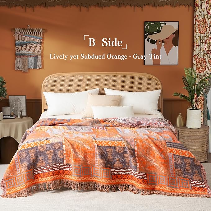 Boho Throw Blanket Twin Size, Soft Cozy Cotton Muslin Quilt Blanket for Bed Decor, Patchwork Block Couch Sofa Chair Cover, Vintage Farmhouse Cottage Tapestry Woven Blanket, Red&Orange-Ruum Studio Home