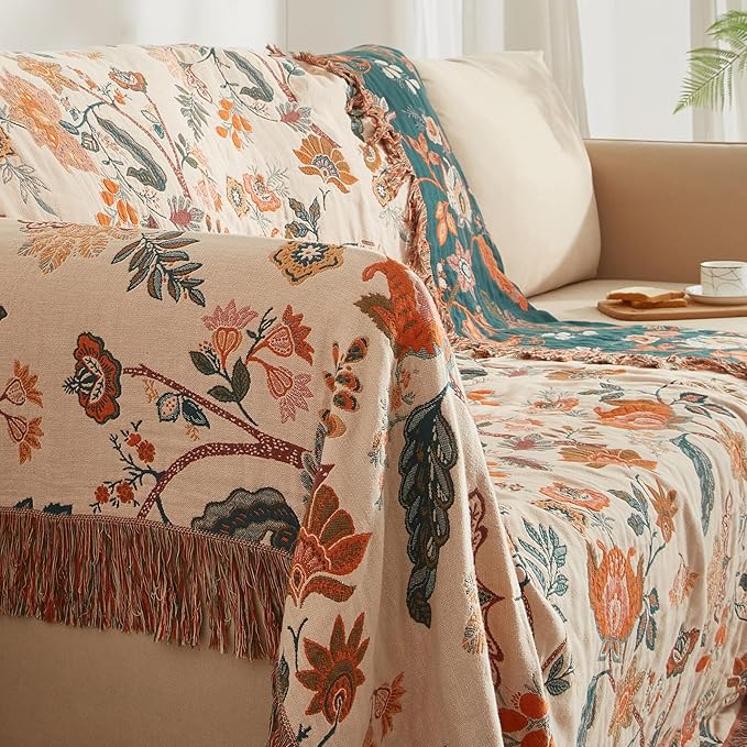 Boho Throw Blanket for Couch Sofa Bed, 100% Cotton Woven Quilt with Tassel 80”x90”, Super Soft Muslin Blanket with Floral Printed, Decorative Reversible Bed Blanket/Cover for All Seasons-Ruum Studio Home
