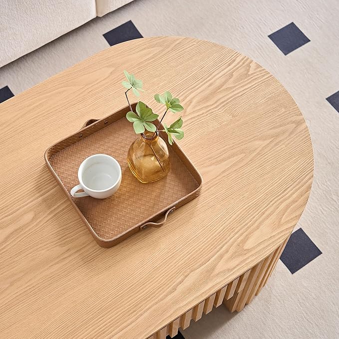 51.18'' Oval Coffee Table for Living Room Fluted Center Table with Drawer, Mid Century Modern Coffee Tables, Easy Assembly for Office Storage Tea Table Oak-Ruum Studio Home