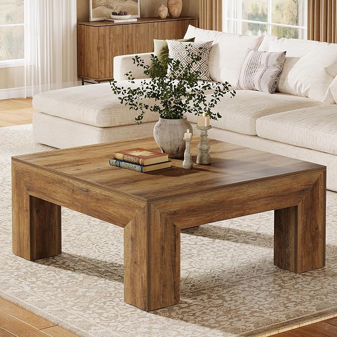 Tribesigns 39.4-Inch Square Coffee Table for Living Room, Farmhouse All MDF Accent Center Cocktail Table with Sturdy Wooden Legs, Easy Assembly, Rustic Brown-Ruum Studio Home