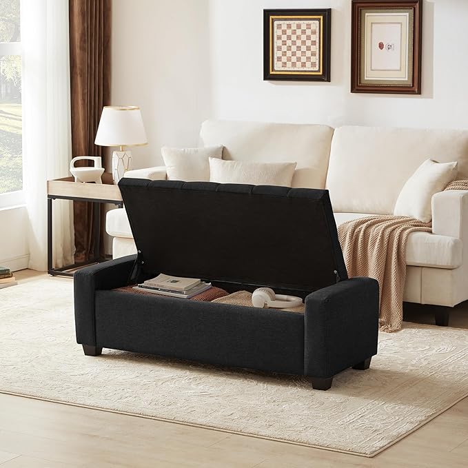 48" Ottoman with Storage, Black Storage Ottoman Bench with Safety Hinge, Upholstered Entryway Bench with Seating for Bedroom, Living Room, Holds up to 330 lb-Ruum Studio Home