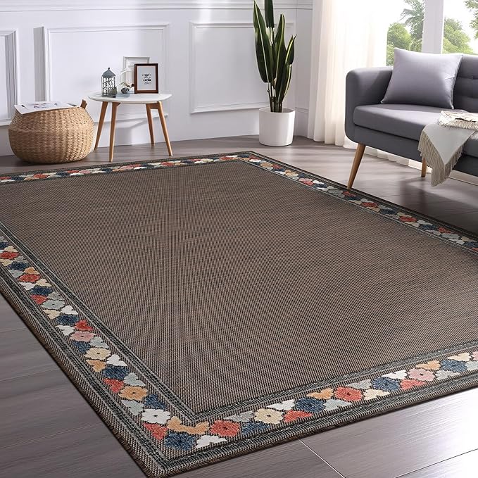 Beverly Rug Outdoor Rug 8x10 Modern Bordered Area Rugs for Indoor and Outdoor Patio Easy to Clean Non Shedding Living Room Porch Garden Washable Outside Carpet (8 x 10 Brown)-Ruum Studio Home